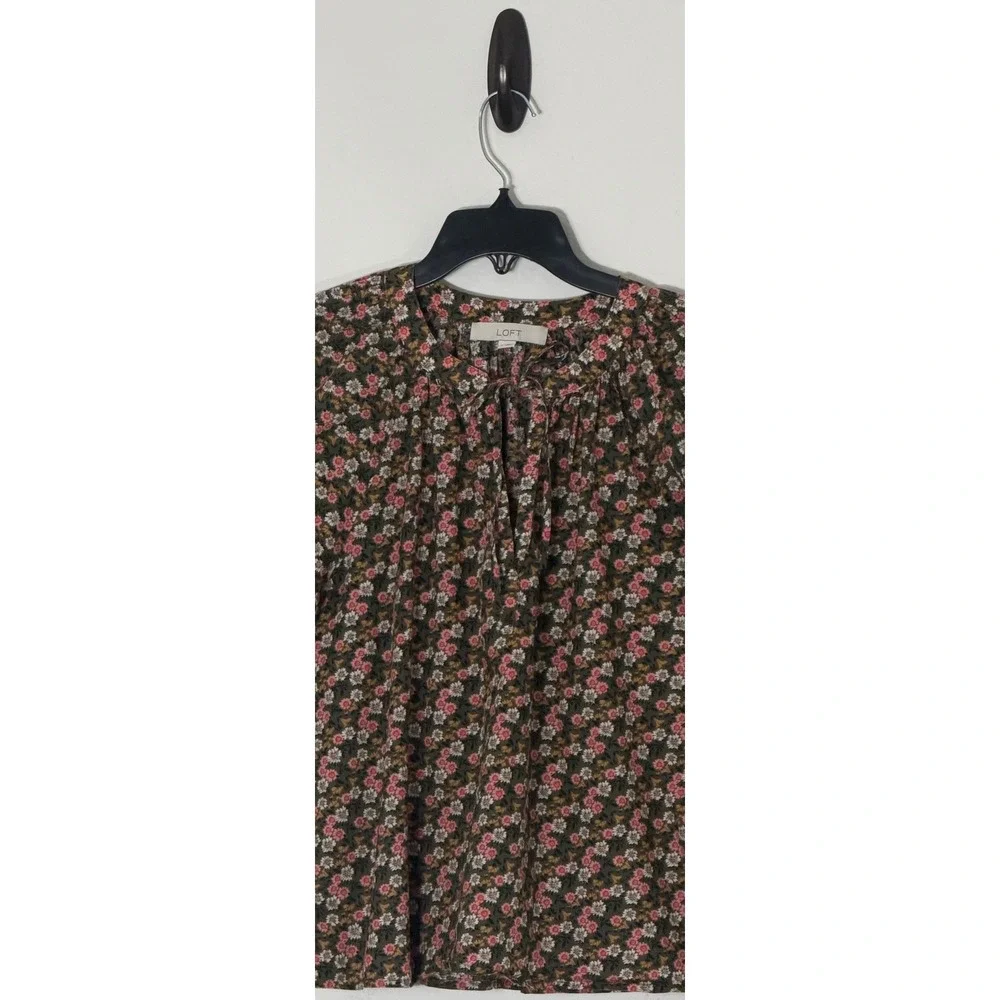 LOFT Womens Floral Tie Neck Puff Sleeve Blouse Olive Green Pink Small